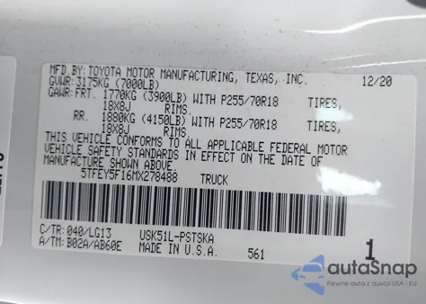 2021 Toyota Tundra Sr5 from USA, damaged, VIN 5TFEY5F16MX278488
